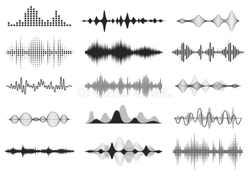 Black sound waves. Music audio frequency, voice line waveform, electronic radio signal, volume level symbol. Vector stock illustration