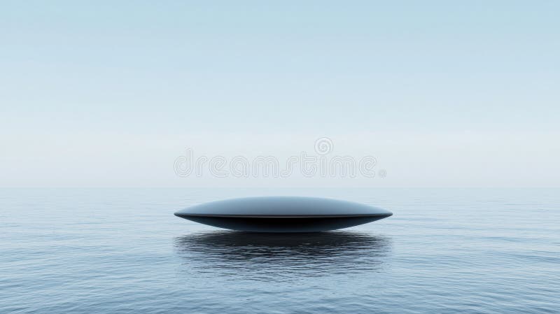 The image presents a tranquil scene of a dark gray, oblong-shaped object floating on a calm body of water. The object is centrally positioned and appears to be floating effortlessly. The water surrounding the object is a light blue color, with gentle ripples adding to the serene atmosphere. The sky above is a pale blue, providing a soft backdrop to the scene. The object's reflection is visible on the water's surface, mirroring its form. Mirroring object stock images, royalty-free photos and pictures