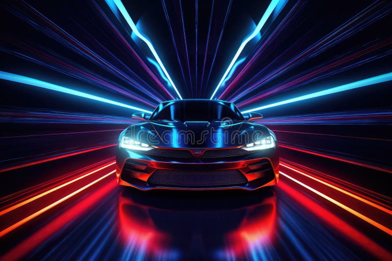 Black sport car with glowing neon lights in tunnel. 3D rendering, Car in a tunnel with neon lighting, front view, royalty free illustration.