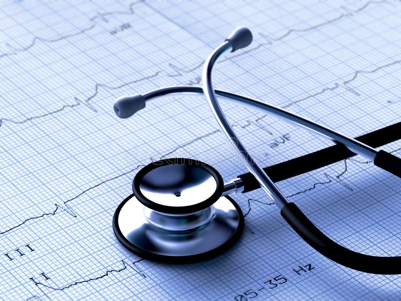 Black stethoscope and ECG stock illustration. Illustration of exam