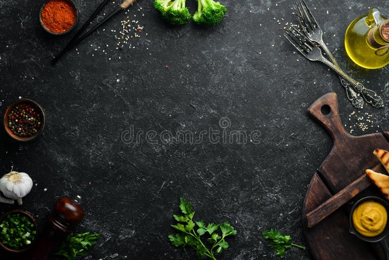 Black Stone Banner of Food, Vegetables and Spices. Stock Photo - Image of  space, fresh: 183990652