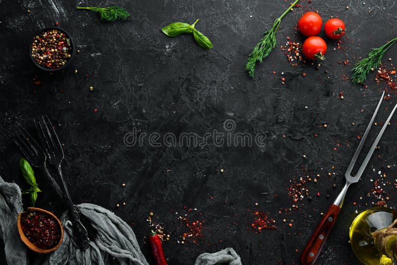 Black Stone Food Background. Cooking Ingredients. Top View Stock Image