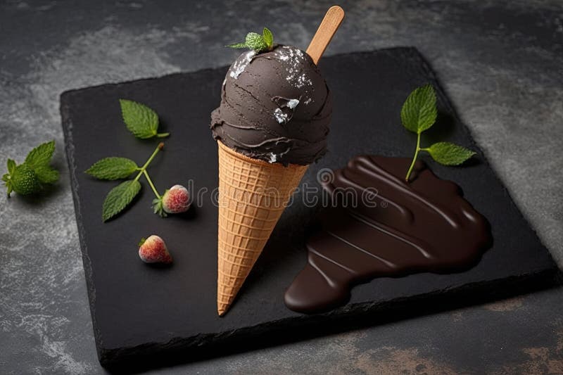 Black stone slate board with a chocolate covered ice cream cone on a stick stock illustration