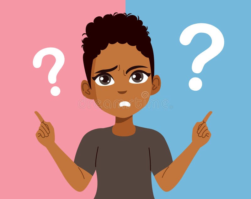 Black Student Girl Pointing To Left And Right Question Marks With Both Hands Cartoon Illustration stock illustration