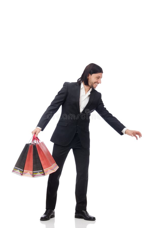 The Black Suit Man Holding Plastic Bags Isolated on White Stock Image