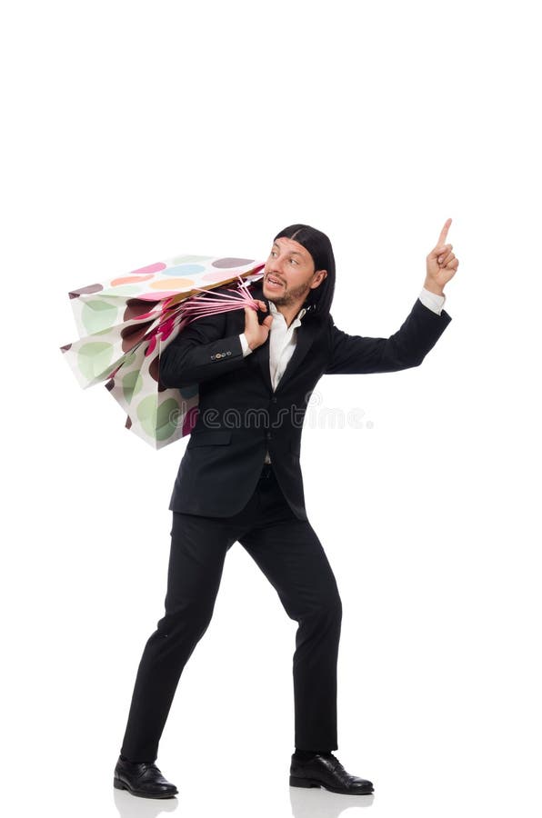The Black Suit Man Holding Plastic Bags Isolated on White Stock Photo