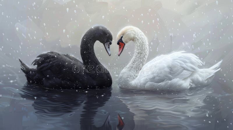 Black Swan and White Swan Side by Side Fantasy Art. Stock
