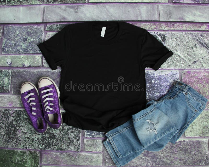 Download Black T Shirt Mockup Flat Lay On Purple Brick Background ...