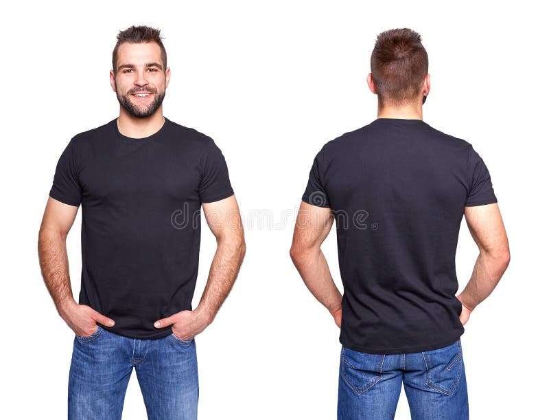 Negro camisas sobre el joven hombre plantilla en blanco.