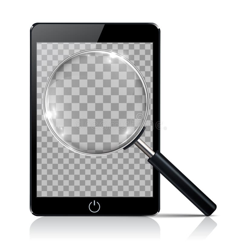 Black tablet with magnifying glass - vector vector illustration