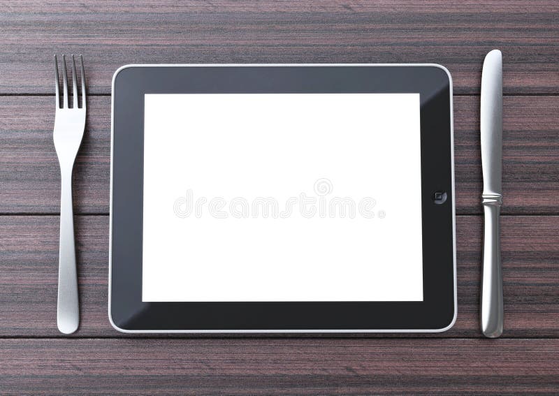 Black tablet pc with screen on wooden table with fork a vector illustration