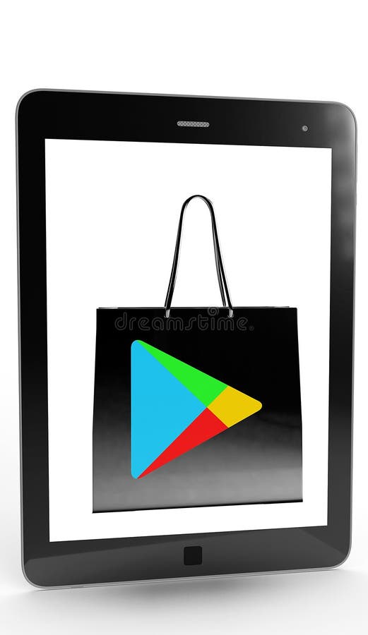 Black tablet with a shopping bag inside the screen with the google android playstore logo symbol stock illustration