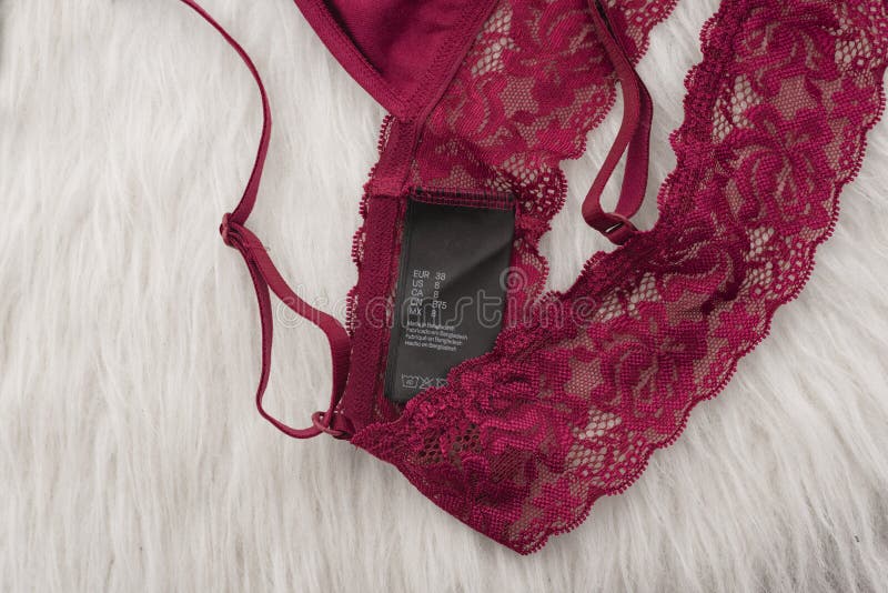 Black tag with sizes on burgundy lace underwear. Fashion concept royalty free stock photos Black tag with sizes on burgundy lace underwear. Fashion concept royalty free stock photos