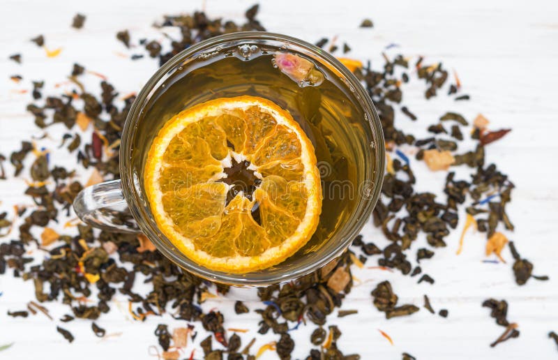 Black Tea. Cup of Tea with Dried Orange. Herbal Tea with Dried Citrus