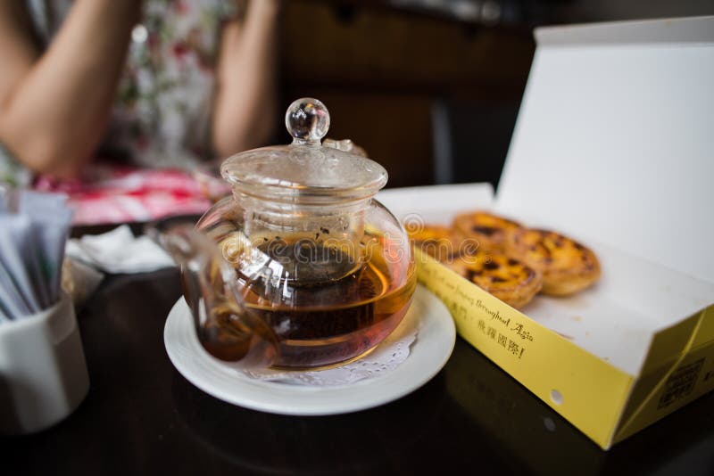 Tea, egg tarts stock image. Image of black, steam, brown 167519885