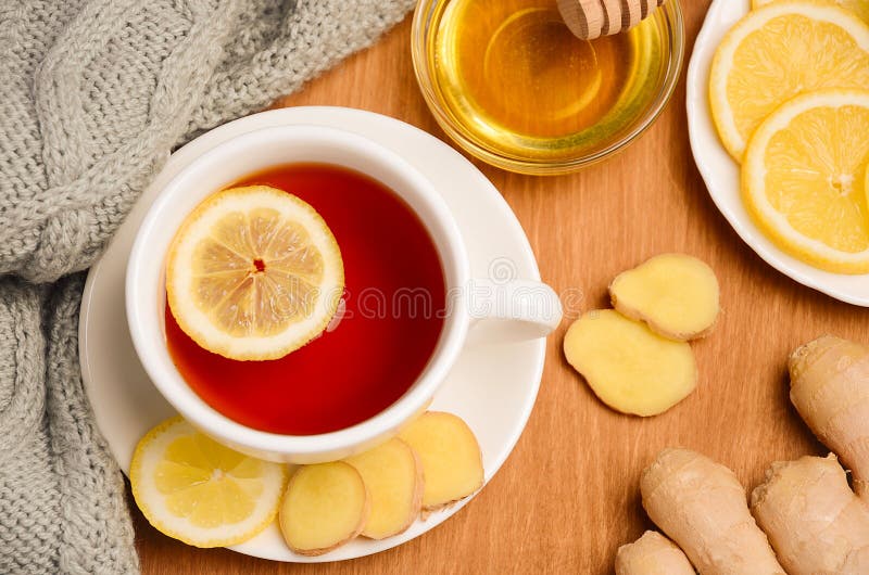 Black Tea with Lemon, Ginger and Honey on the Wooden Table. Stock Image