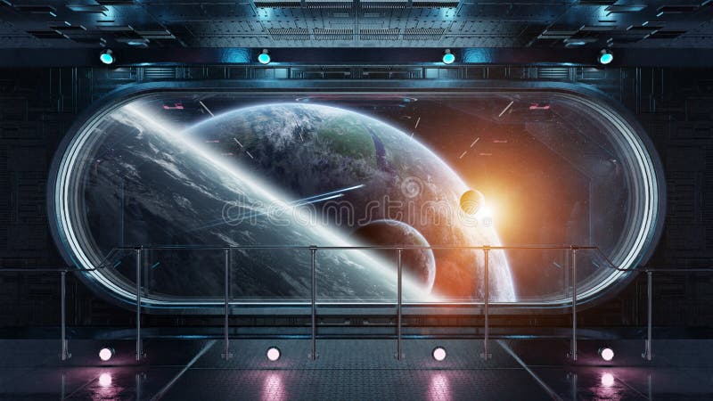 Black tech spaceship round window interior background 3D rendering. Black tech spaceship round window interior with view on distant planets system 3D rendering elements of this image furnished by NASA