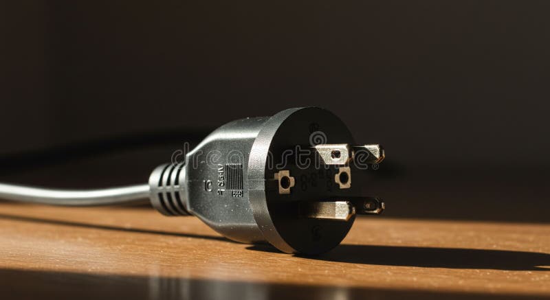 Black, three-pronged electrical plug with a grounding pin resting on a wooden surface. The plug is illuminated, highlighting its smooth texture and details. The shadow creates a contrast against the dark background. The cord extends from the plug, showcasing the ribbed design near the base. This type of plug is commonly used in North America for various electronic devices, designed for safety and to prevent electrical shocks. Electrical grounding illustrations