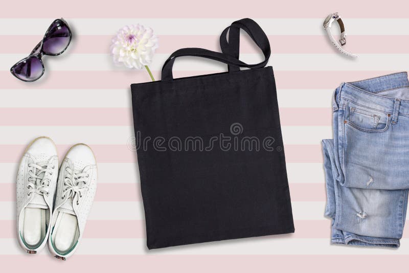 Download Black Tote Bag Mockup, Flat Lay On Summer Style Background ...