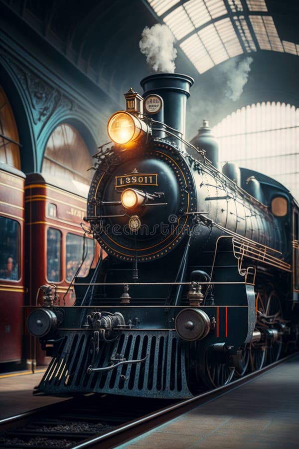 Black Train Engine Pulling into Train Station Next To Red Train