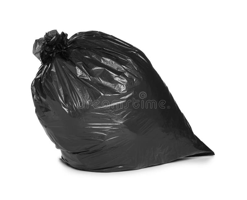 Black Trash Bag Filled with Garbage Isolated on White Stock Image