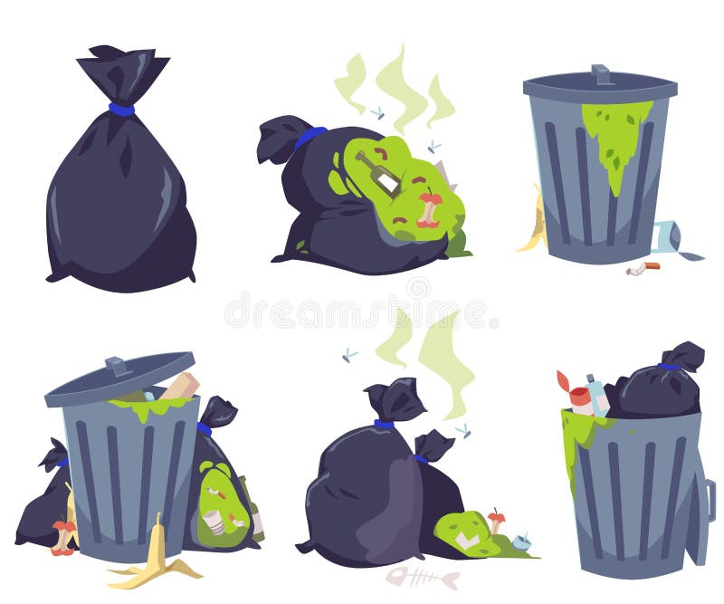 Black full trash bag ripped open and overflowing Vector Image