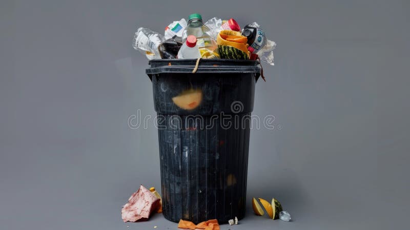 A black trash can overflowing with plastic waste and debris, highlighting the problem of pollution royalty free stock images