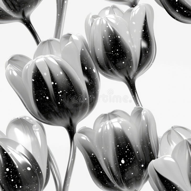 Black Tulip Flowers Glitter White Background Tile Seamless Background