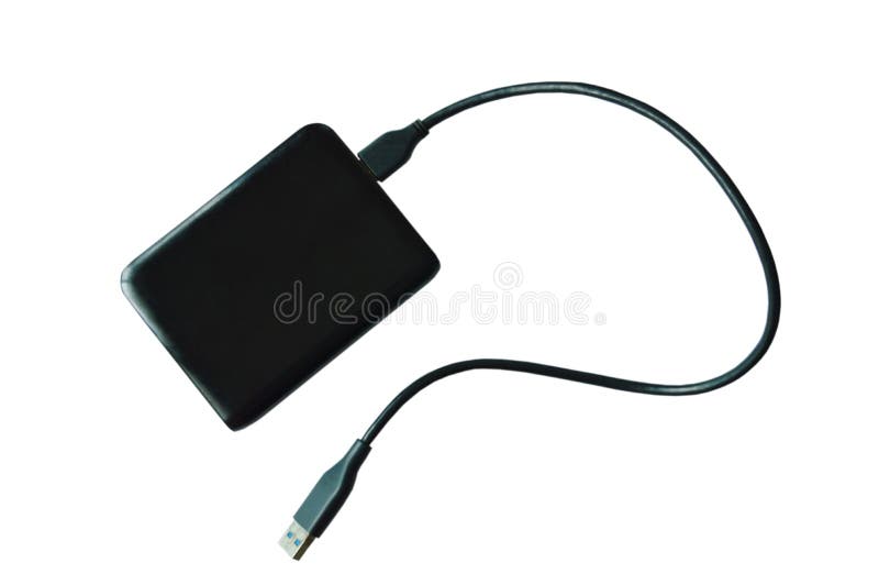 Black universal serial bus external hard disk connecting to computer on white background royalty free stock photos