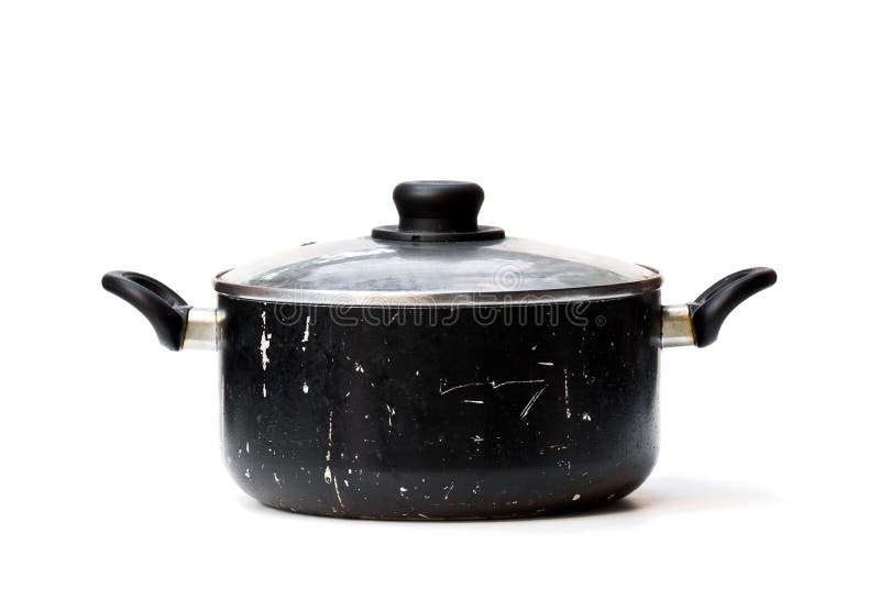 Black used pot on white royalty free stock photo