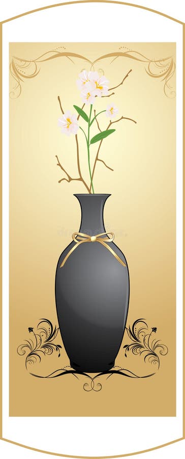 Black vase with bouquet of flowers. Background