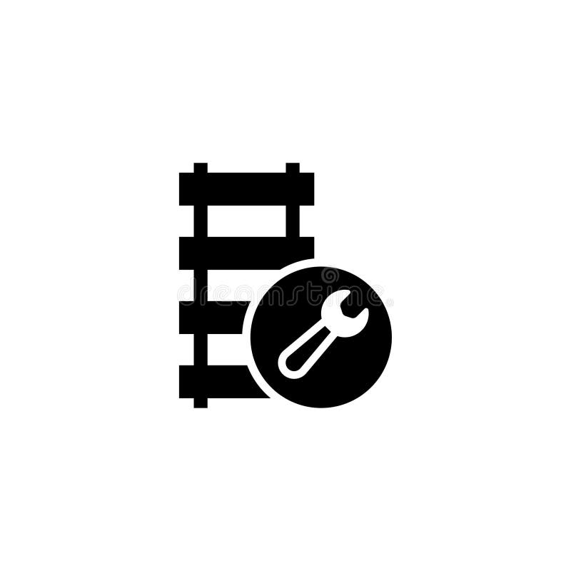 Black vector icon of a rail track and wrench, symbolizing railway maintenance vector illustration
