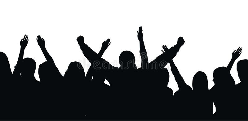 Black vector silhouette of cheering crowd isolated on white background - festival, sport, party.