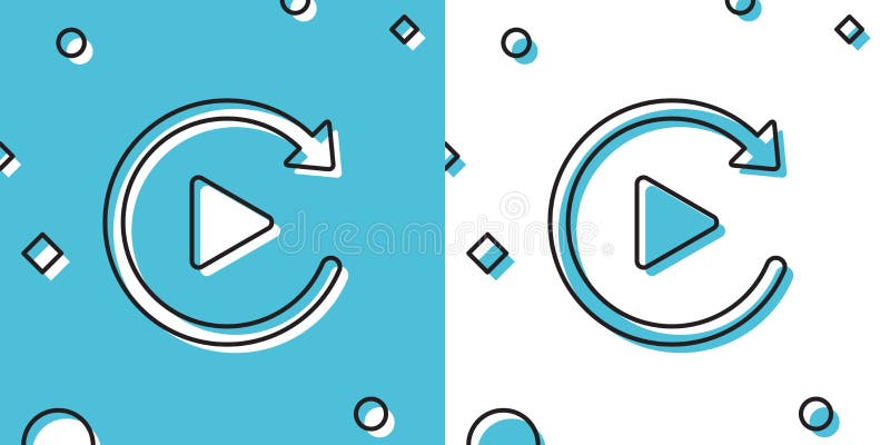 Black Video play button like simple replay icon isolated on blue and white background. Random dynamic shapes. Vector royalty free illustration