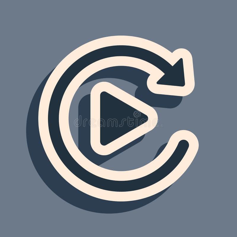 Black Video play button like simple replay icon isolated on grey background. Long shadow style. Vector stock illustration