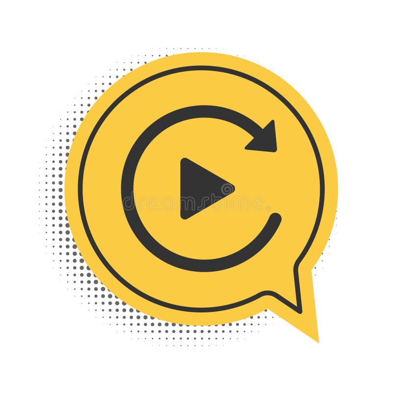 Black Video play button like simple replay icon isolated on white background. Yellow speech bubble symbol. Vector royalty free illustration