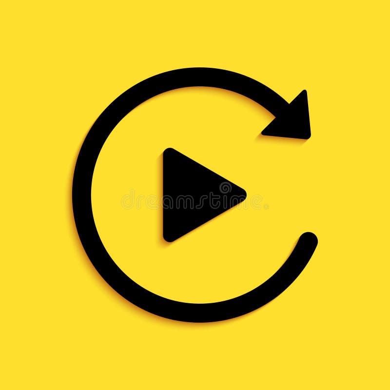 Black Video play button like simple replay icon isolated on yellow background. Long shadow style. Vector stock illustration
