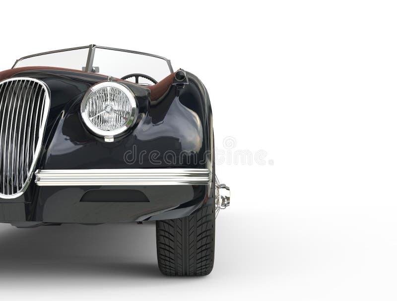 Black vintage car shot on white background - front half cut