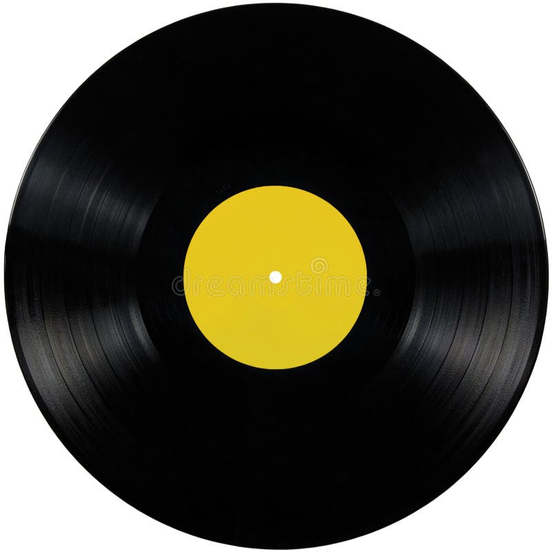 Black vinyl record lp album disc, isolated long play record disk, blank empty yellow label copy space stock photos
