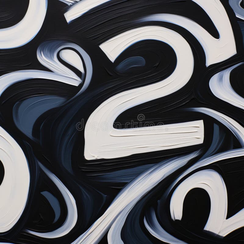 Black and White Abstract Artwork with Swirling Numbers Two and Three