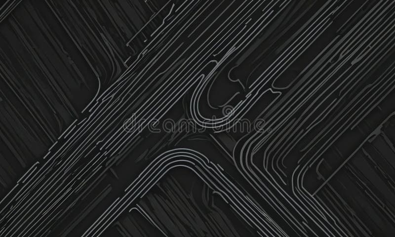 Black and white abstract featuring complex pattern curved lines and shapes, creating sense depth and movement. The image presents a striking abstract composition featuring a complex network of black lines and curves, creating a sense of depth and dimension. The lines are arranged in a diagonal pattern, intersecting and overlapping each other, adding a sense of dynamism and movement to the image. The background is a stark black, which further accentuates the contrast between the lines and the background. The use of black and white colors, along with the absence of any other colors, gives the image a minimalist and modern aesthetic. The lines appear to be made of a material that resembles metal, adding a metallic texture to the image. The overall composition is visually engaging and thought-provoking, inviting the viewer to explore the various elements and their relationships.