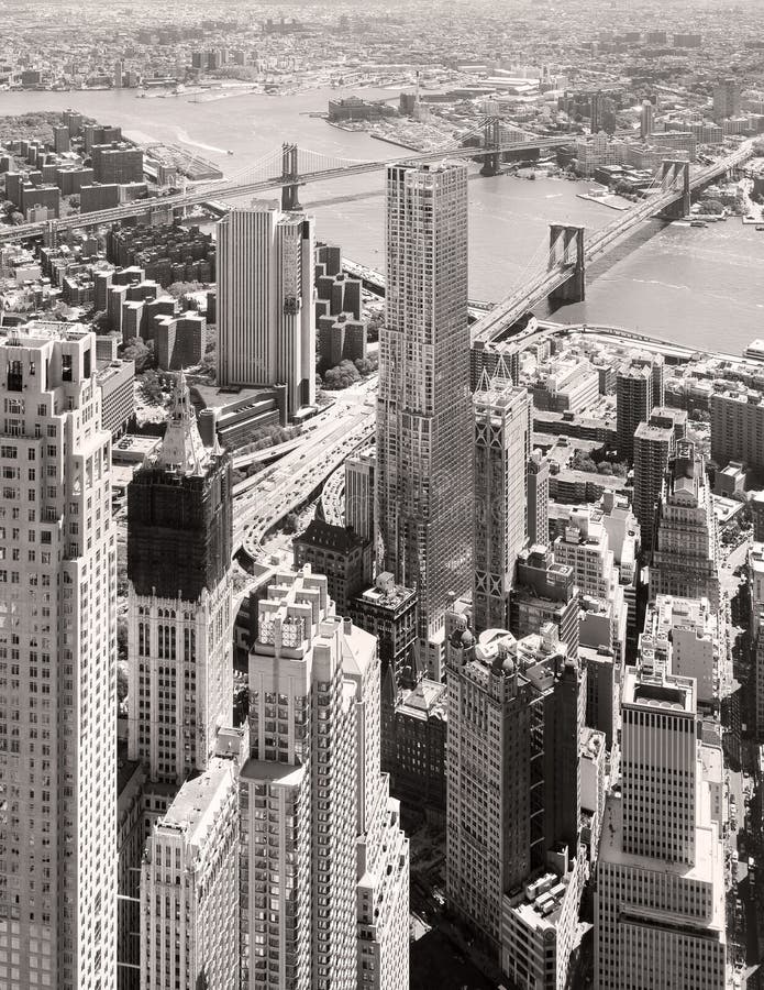 Black and white aerial view of downtown New York City