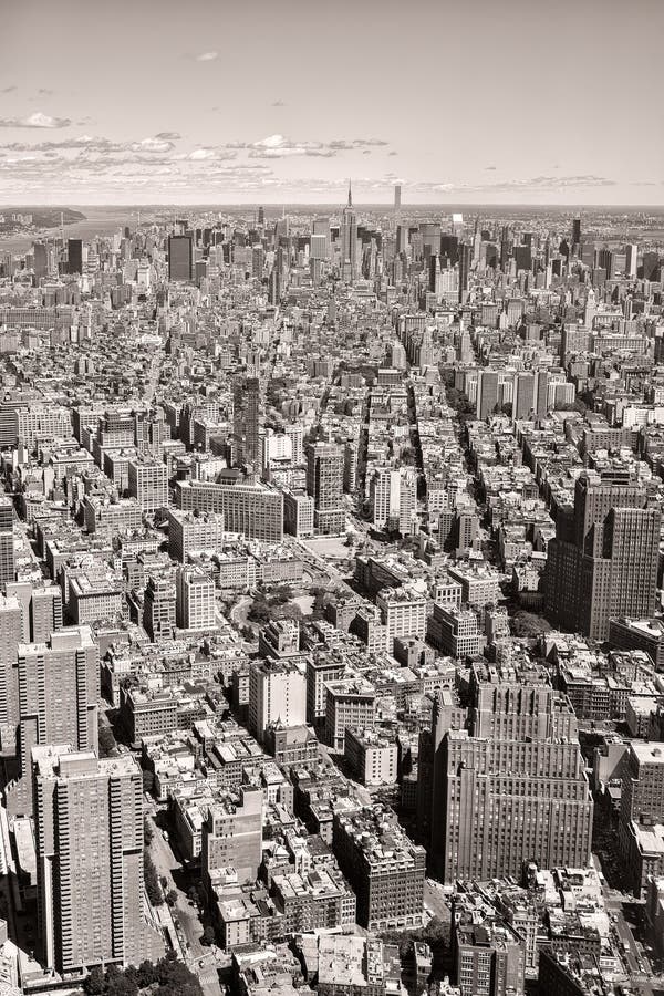 Black and white aerial view of New York City