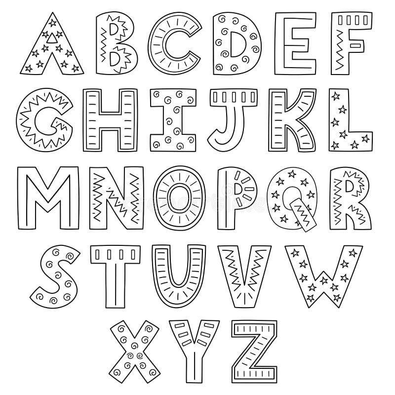 Black and White Alphabet. Hand Drawn Outline ABC Stock Vector ...