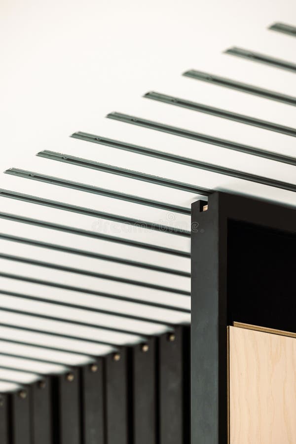 Black and White Architectural Detail Featuring Wooden Frames on the Ceiling in an Office Setting
