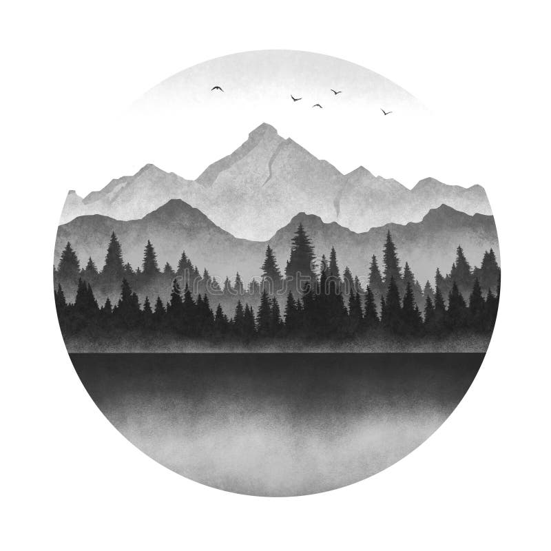 Black and White Background with the Image of the Forest, Sea and Mountains.  Illustration in a Round Form. Stock Photo - Image of outdoor, cloud:  194839880