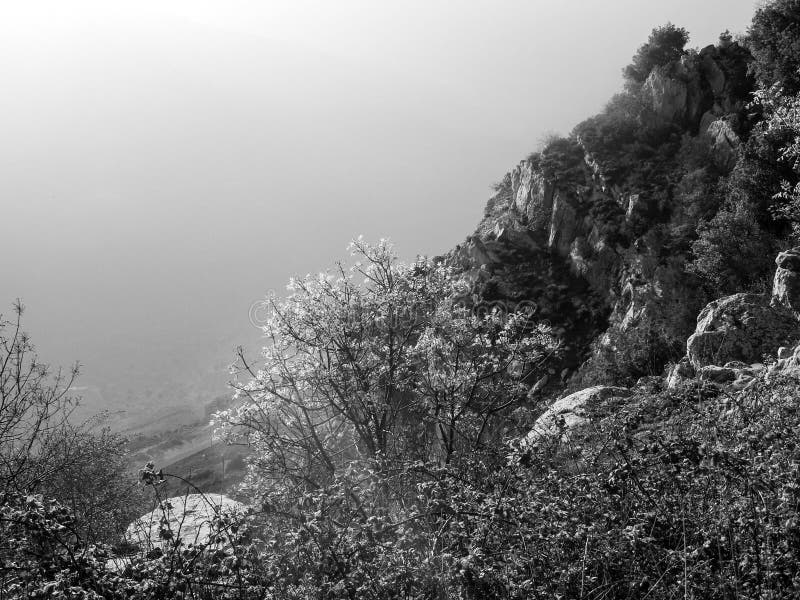 Black and white beautiful landscape in Niha , the lebanese village with green grass and yellow trees and bright blue magical sky