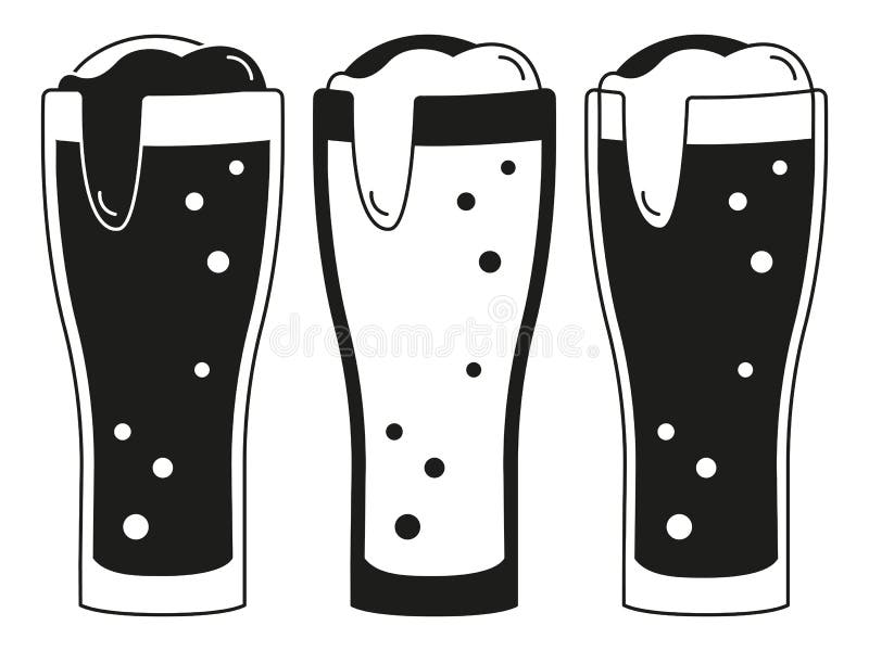 Black and white 3 beer glasses silhouette set. Refreshing drinks for birthday party. Oktoberfest themed vector illustration for icon, sticker, patch, label, badge, certificate or ad banner decoration