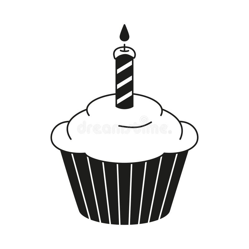 Black and white birthday cupcake, burning candle on top. Holiday party themed vector illustration for icon, stamp, label, certificate, brochure, gift card, poster, coupon or banner decoration