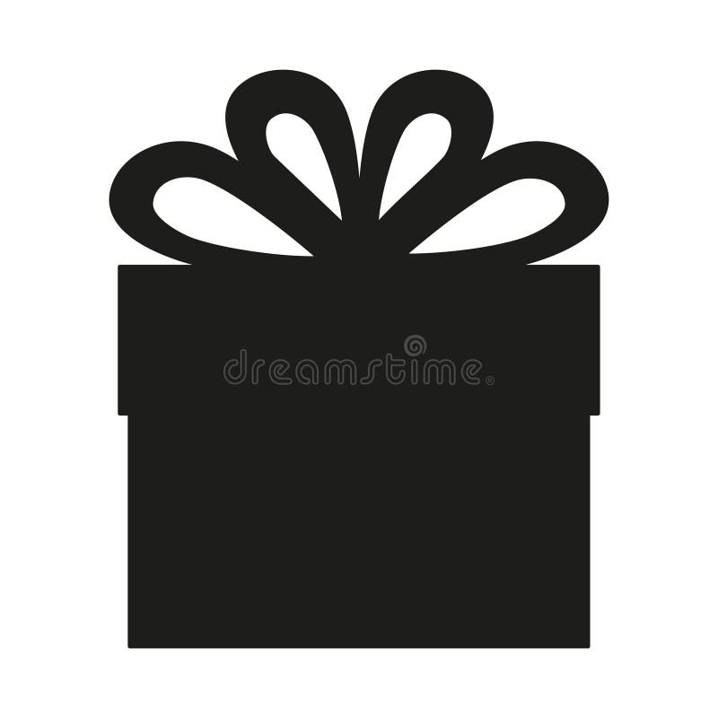 Black and white birthday present silhouette. Wrapped gift box with ribbon bow. Holiday party themed vector illustration for icon, stamp, label, certificate, brochure, gift card, poster, coupon or banner decoration